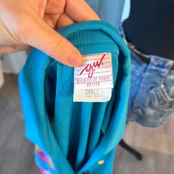 Vintage Patchwork Button-Up blouse \ Retro 80's Blouse \ Blue Button-Up - Picture 7 of 11